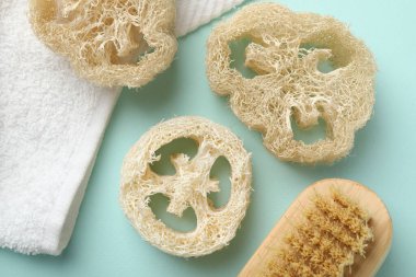 Doğal lif süngeri, açık mavi zemin üzerinde fırça ve havlu, düz uzanma