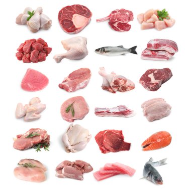 Balık ve et. Beyaz arka planda farklı ham ürünler, kolaj