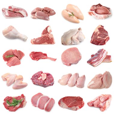 Farklı türde taze et, beyaza izole edilmiş, kolaj. Biftek, domuz, tavuk ve dana eti.
