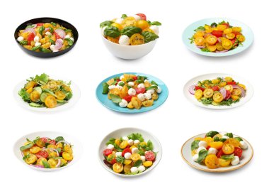 Beyaz arka planda sarı ve kırmızı domatesli lezzetli taze salatalar, kolaj.