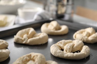 Pişmemiş krakerler ve içeride pişirme tabağı malzemesi, yakın plan.