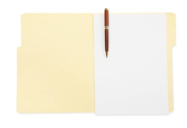 Kağıt dosya dizinini boş sayfa ve kalem ile beyaz, üst görünümde aç