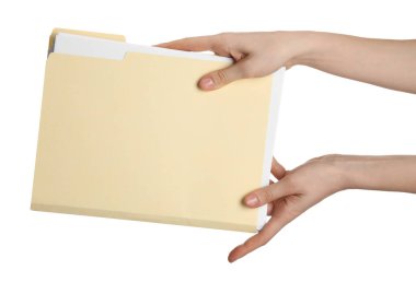 Beyaz arkaplanda kağıt dosya dizini tutan kadın, kapat