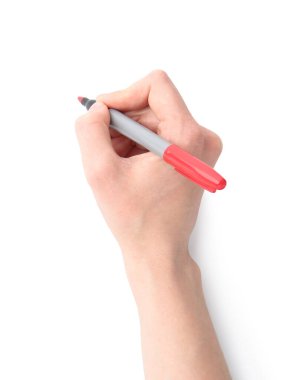 Beyaz arka planda kırmızı işaretli kadın, yakın plan