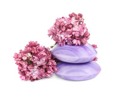 Sabun çubukları ve leylak çiçekleri izole edilmiş beyaz