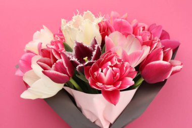 Pembe arka planda güzel laleler, yakın plan.