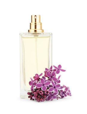 Bir şişe lüks parfüm ve beyaza ayrılmış leylak çiçekleri.