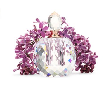 Bir şişe lüks parfüm ve beyaza ayrılmış leylak çiçekleri.