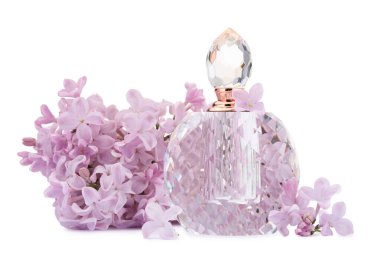 Parfüm ve güzel leylak çiçekleri beyaza izole edilmiş.