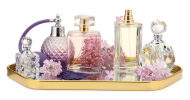 Lüks parfümler ve beyaz tenli güzel leylak çiçekleri.