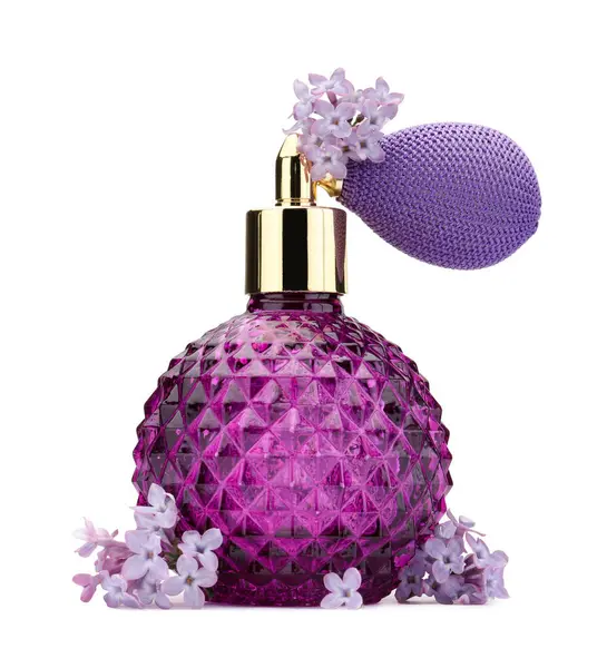 Parfüm ve güzel leylak çiçekleri beyaza izole edilmiş.