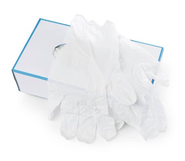 Tıbbi eldivenli kutu beyaza izole edilmiş, yukarıda.