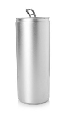 Bir gümüş teneke kutu beyaza izole edilmiş