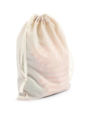 Beyaza izole edilmiş bir bej çanta.