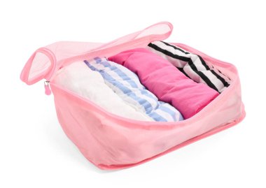 Bir pembe paket küpü beyaza izole edilmiş.