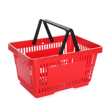 Beyaza izole edilmiş kırmızı bir alışveriş sepeti.
