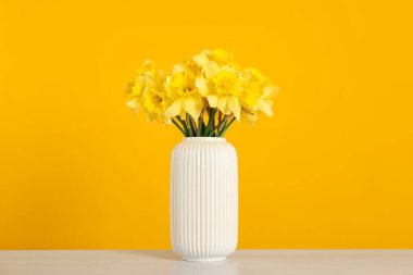Sarı arka planda beyaz masadaki vazodaki güzel nergisler