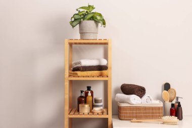 Banyoda beyaz duvarın yanında farklı banyo ürünleri ve ev bitkileri var.