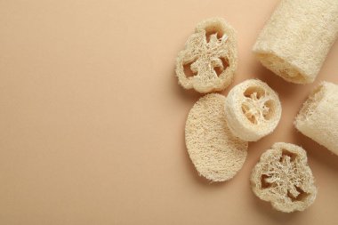 Bej arka planda doğal lif süngeri, düz. Metin için boşluk