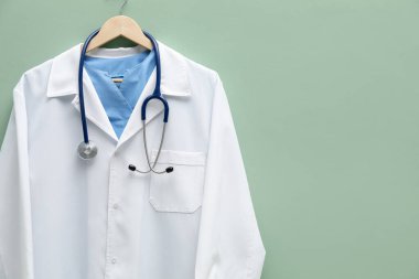 Açık yeşil arka planda asılı steteskoplu doktor ceketi. Metin için boşluk