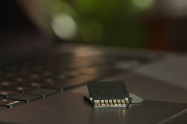 Bilgisayardaki SD hafıza kartları bulanık arkaplanda, kapatma