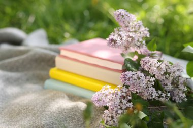 Yığınla kitap, leylak çiçekleri ve yeşil çimlerin üzerinde battaniye, yakın plan.