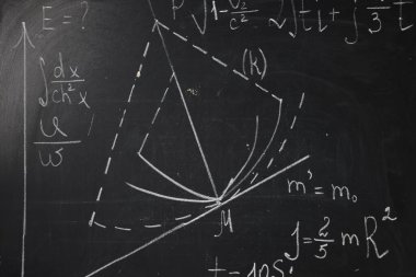 Farklı matematiksel formüllere sahip siyah karatahta, yakın plan