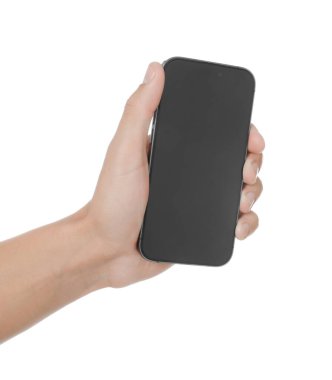 Beyaz arka planda modern akıllı telefonu olan adam, yakın plan. Tasarım için model