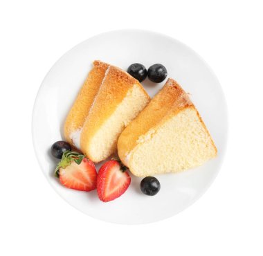 Lezzetli kek parçaları, beyaz böğürtlenli, üst manzara.