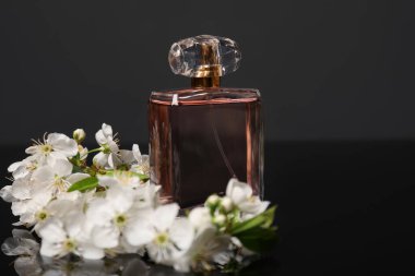 Aromatik parfüm ve siyah ayna yüzeyinde güzel çiçekler, yakın plan. Metin için boşluk