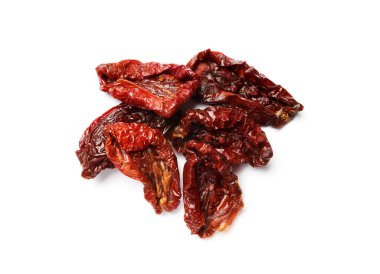 Lezzetli güneşte kurutulmuş domatesler beyaz, üst manzara