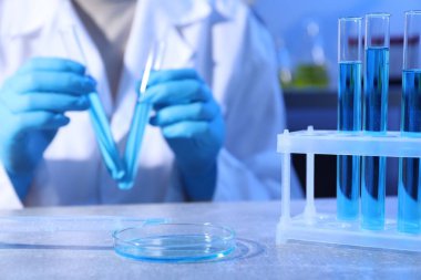 Petri kabı ve pipetle birlikte numune. Laboratuvarda çalışan bilim adamı, seçici odaklanma