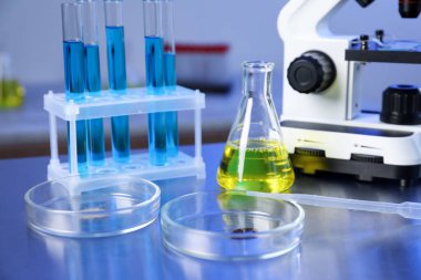 Petri kabı, matara. Laboratuvarda test tüpleri ve mikroskop ile masadaki örnekler