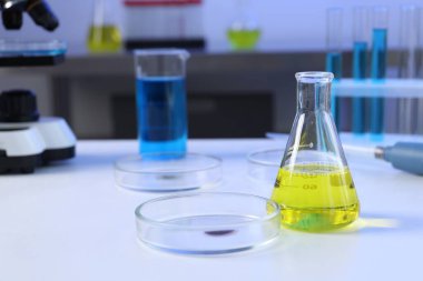 Laboratuvardaki beyaz masadaki numunelerle birlikte petri kapları, mataralar ve test tüpleri.