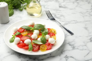 Beyaz mermer masada servis edilen mozarella, domates ve fesleğenli lezzetli salata.