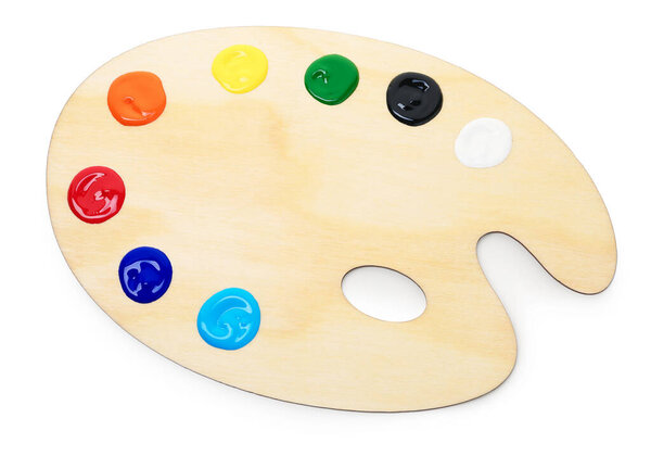 Wooden palette with paints isolated on white, top view