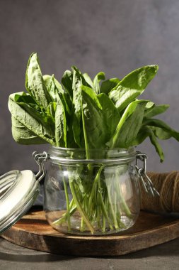 Gri masada cam kavanozda taze kuş, yakın plan.