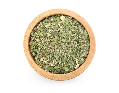 Kasede kurutulmuş maydanoz. Beyazın üstünde izole edilmiş.