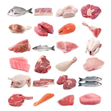 Balık ve et. Beyaz arka planda farklı ham ürünler, kolaj