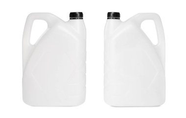 Beyaz arka planda plastik kutu, kolaj. Farklı taraflardan görünüm