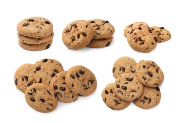 Beyaza izole edilmiş çikolatalı kurabiyeler, kolaj.