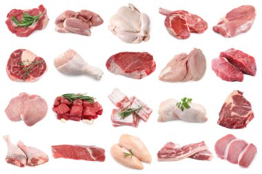 Farklı türde taze et, beyaza izole edilmiş, kolaj. Biftek, domuz, tavuk ve dana eti.