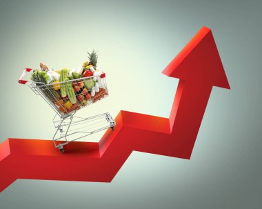 Gri arka planda yukarı doğru kırmızı ok üzerinde farklı bakkaliyeleri olan alışveriş arabası. Yemek sepeti fiyatları yükseliyor. Tüketici Fiyat İndeksi