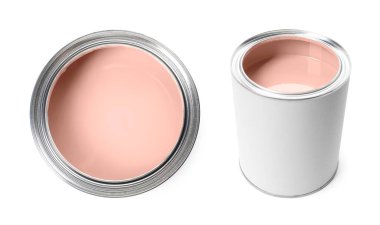 Pastel pembe boya, beyaza izole edilmiş. Üst ve yan görünüm