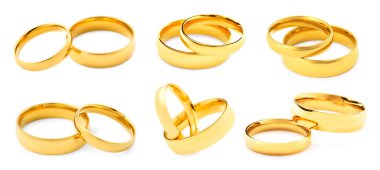 Beyaz arka planda parlak altın alyanslar, kolaj