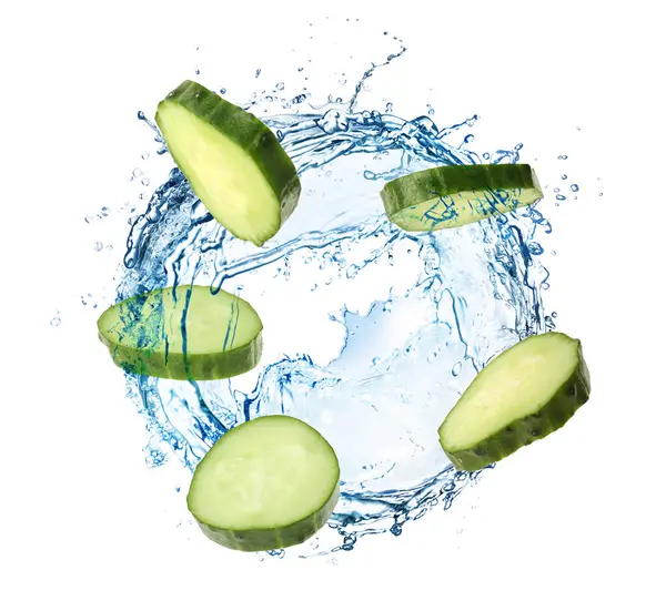 Salatalık dilimleri ve beyaz arka planda havaya su sıçratma