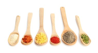 Beyaz kaşıklardaki farklı aromatik baharatlar.