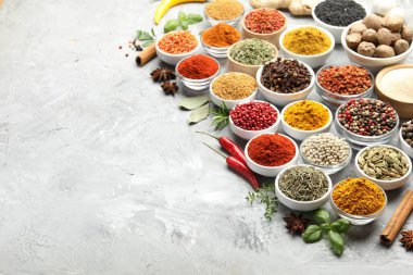 Gri masadaki farklı aromatik baharatlar, metin için boşluk