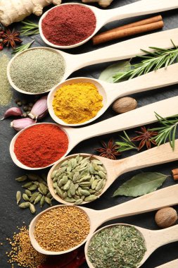 Siyah masadaki kaşıklardaki farklı aromatik baharatlar.