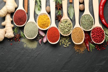 Siyah masadaki kaşıklardaki farklı aromatik baharatlar. Metin için boşluk